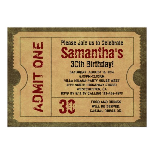 5x7 Vintage Gold Party Ticket Invitations (front side)