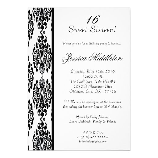 5x7 White Damask Birthday Party Invitation