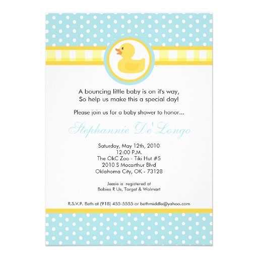 5x7 Yellow Rubber Ducky Baby Shower Invitation