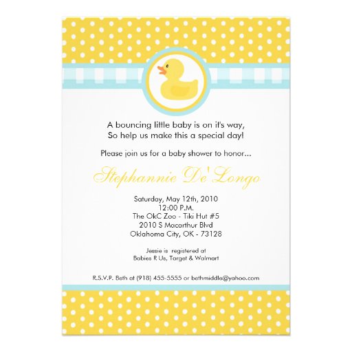 5x7 Yellow Rubber Ducky Baby Shower Invitation (front side)