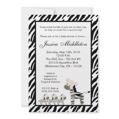 5x7 Zebra Momma TRIPLET Baby Shower Invitation by thepapergenius