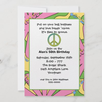 A fun 60s themed birthday party invitation with a peace sign and a bright 