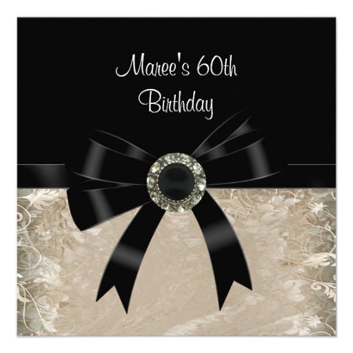 60th Antique Paper Black Diamond Jewel Bow Personalized Invitations (front side)