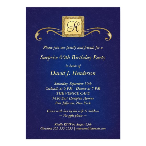 60th Birthday Invitations - Monogram Blue & Gold