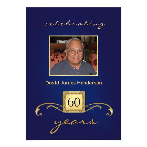 60th Birthday Invitations - Monogram Blue & Gold