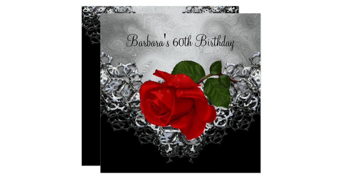 60th Birthday Lace Black White Silver RED Rose Card | Zazzle