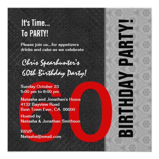 60th Birthday Modern Red Silver Black C946 Custom Invite