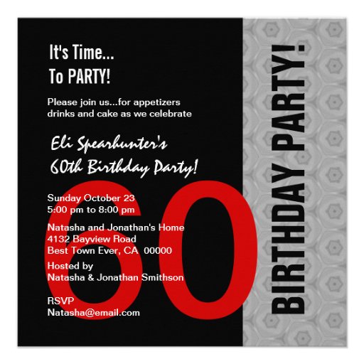 60th Birthday Modern Red Silver Black Funny D844 Personalized Invitation