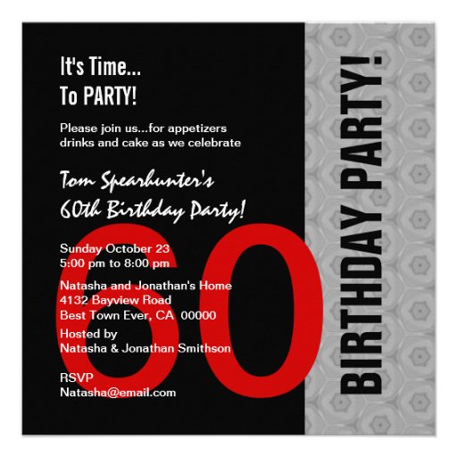 60th Birthday Modern Red Silver Black Funny W1471 Invitations (front side)