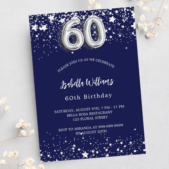 60th Birthday Navy Blue Silver Stars Luxury Invitation Zazzle