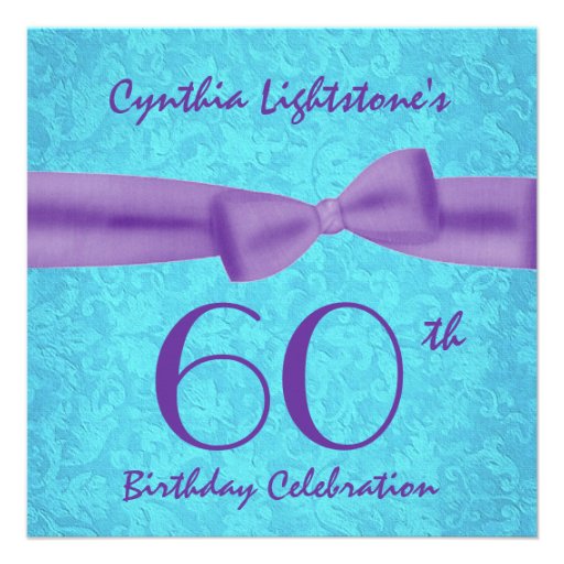 60th Birthday Party Aqua and Purple Bow M456 Personalized Announcements