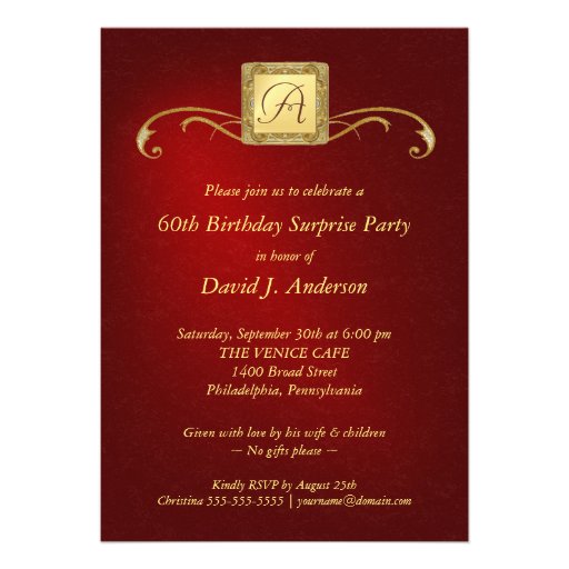 60th Birthday Party Invitations- Red Gold Monogram