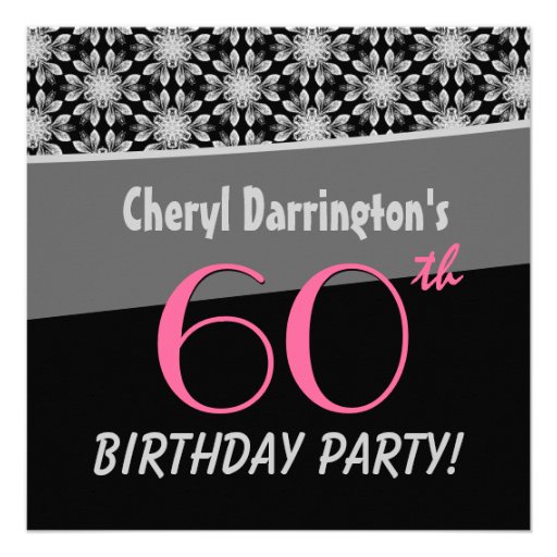 60th Birthday Party Silver and Black Floral B531 Personalized Invitation