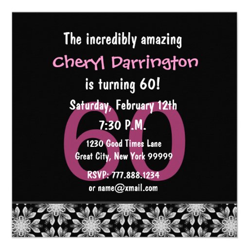 60th Birthday Party Silver and Black Floral B531 Personalized Invitation