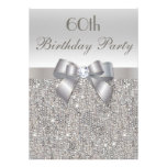 60th Birthday Party Silver Sequins, Bow & Diamond Personalized Invitation