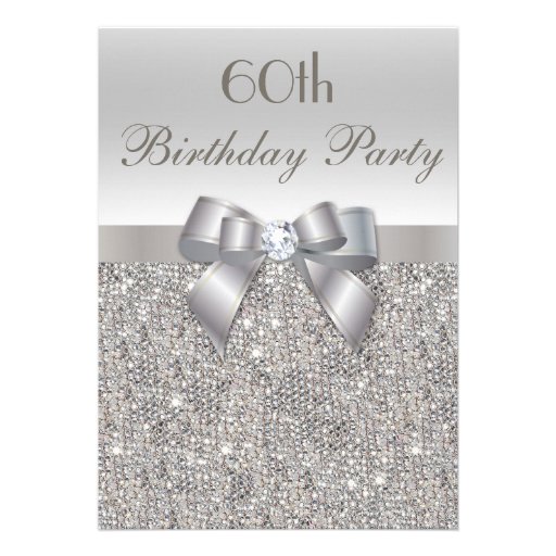 60th Birthday Party Silver Sequins, Bow & Diamond Personalized Invitation (front side)