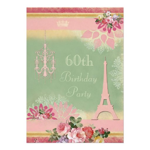 60th Birthday Pink Eiffel Tower and Chandelier Custom Invitations