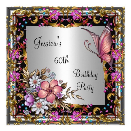 60th Birthday Pink Floral Butterfly Gold Silver Invitations