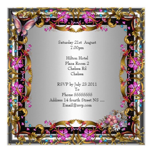 60th Birthday Pink Floral Butterfly Gold Silver Invitations