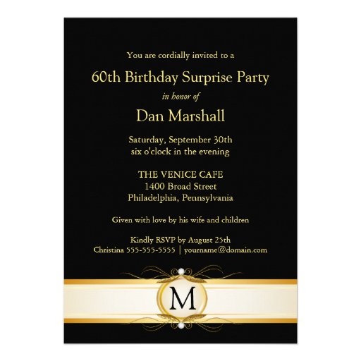 60th Birthday Surpise Party - Black Gold Monogram Custom Invite