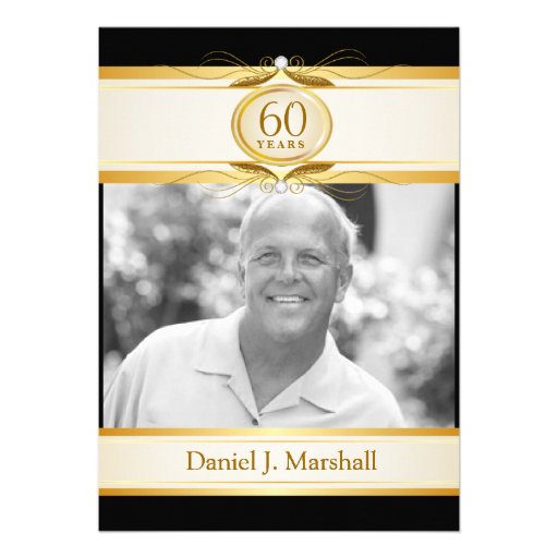 60th Birthday Surpise Party - Black Gold Monogram Custom Invite