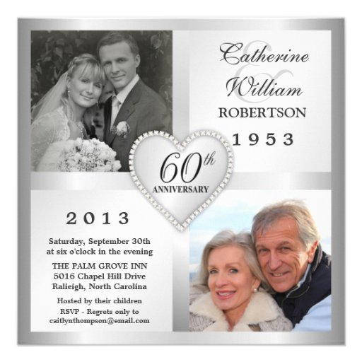 60th Silver Anniversary Heart Photo Invitations (front side)