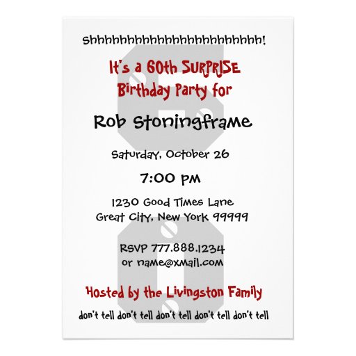 60th SURPRISE Birthday Black Red White B470 Custom Invitation