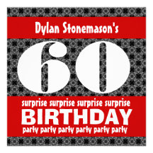 60th Surprise Birthday Party Black Red White Custom Invites
