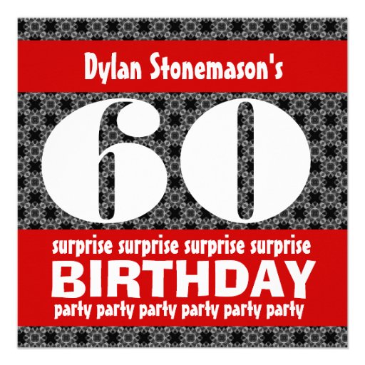 60th Surprise Birthday Party Black Red White Custom Invites