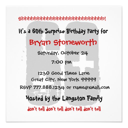 60th Surprise Birthday Party Black Red White Custom Invites