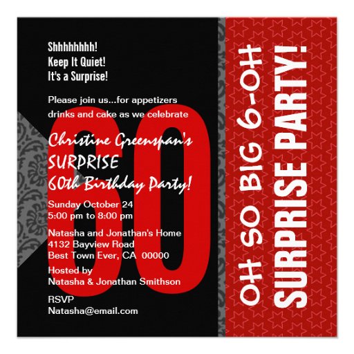 60th Surprise Diagonal Red Black and White Announcements