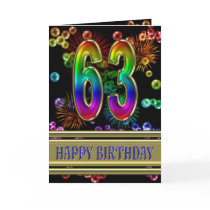 63rd Birthday with rainbow bubbles and fireworks Greeting Card