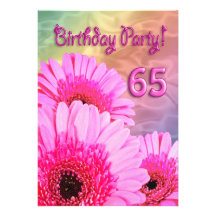 65th Birthday party invitation with pink flowers