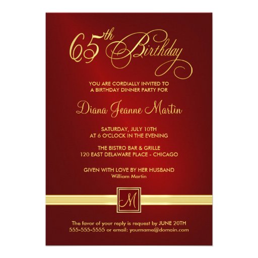 65th Birthday Party Invitations - Ruby Red & Gold