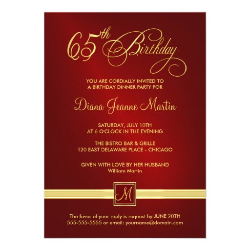 65th Birthday Party Photo Invitations Elegant Red