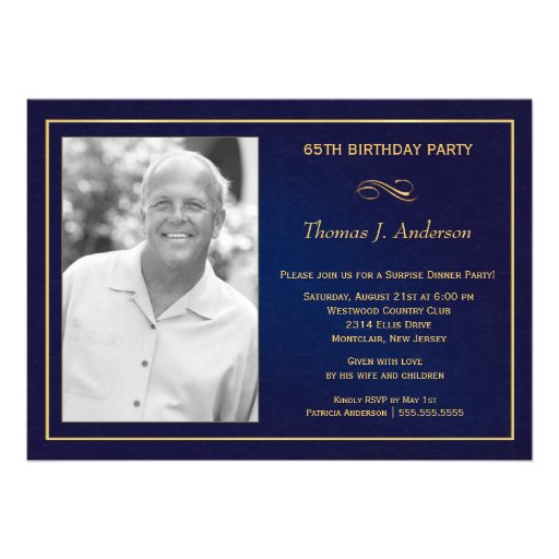 65th Birthday Party Photo Invitations  Royal Blue