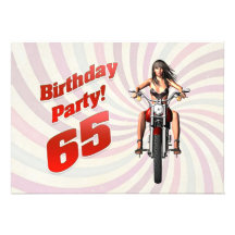 65th birthday party with a girl on a motorbike personalized invitation