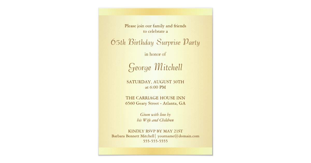 65th Birthday Surprise Party Invitations - Gold | Zazzle