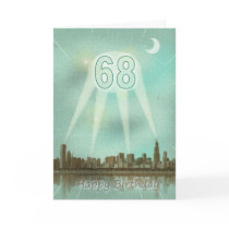 68th Birthday card with a city and spotlights
