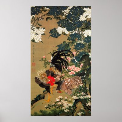 6. 紫陽花双鶏図, 若冲 Hydrangea and Rooster, Jakuchū Posters by ukiyoemuseum
