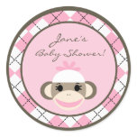 6 - 3"  Favor Stickers Pink Argyle Sock Monkey