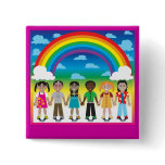 6 happy kids under a rainbow with a colorful backg buttons