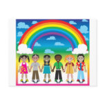 6 happy kids under a rainbow with a colorful backg postcards