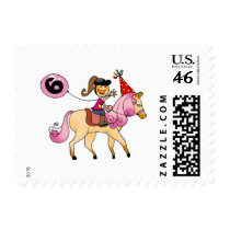 6 year old girl on a pony stamp