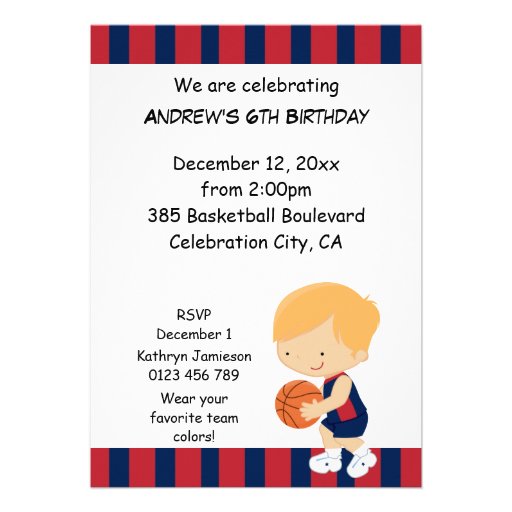 6th Birthday Blue and Red Basketball Player Personalized Invitations