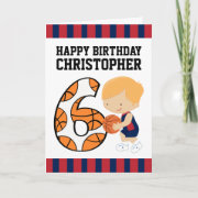 6th Birthday Blue and Red Basketball Player v2 zazzle_card
