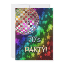 70s invitation with disco ball and rainbow of star