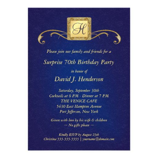 70th Birthday Invitations - Blue Monogram & Photo