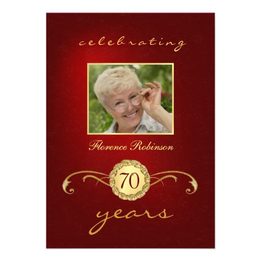 70th Birthday Invitations - Red & Gold Monogram (front side)