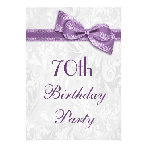 70th Birthday Party Damask and Faux Bow Announcement (front side)